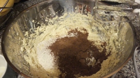 Followed by the eggs, flour and cocoa powder...